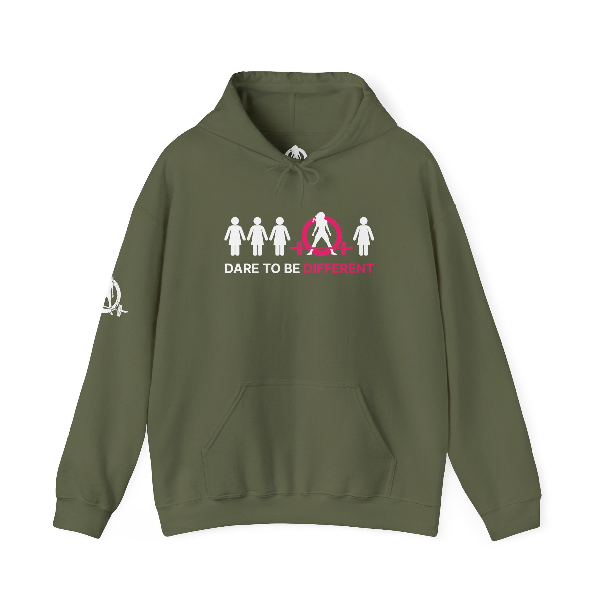 Dare To Be Different - Deadlift - Unisex Heavy Blend Hooded Sweatshirt - White Print on Front & Arm