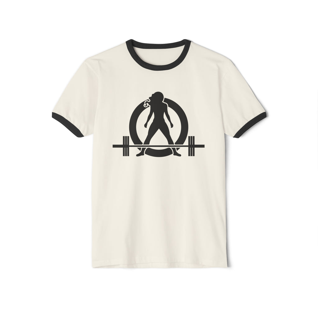 45 + 45 - Unisex Cotton Ringer T-Shirt - Black Logo Front & Back