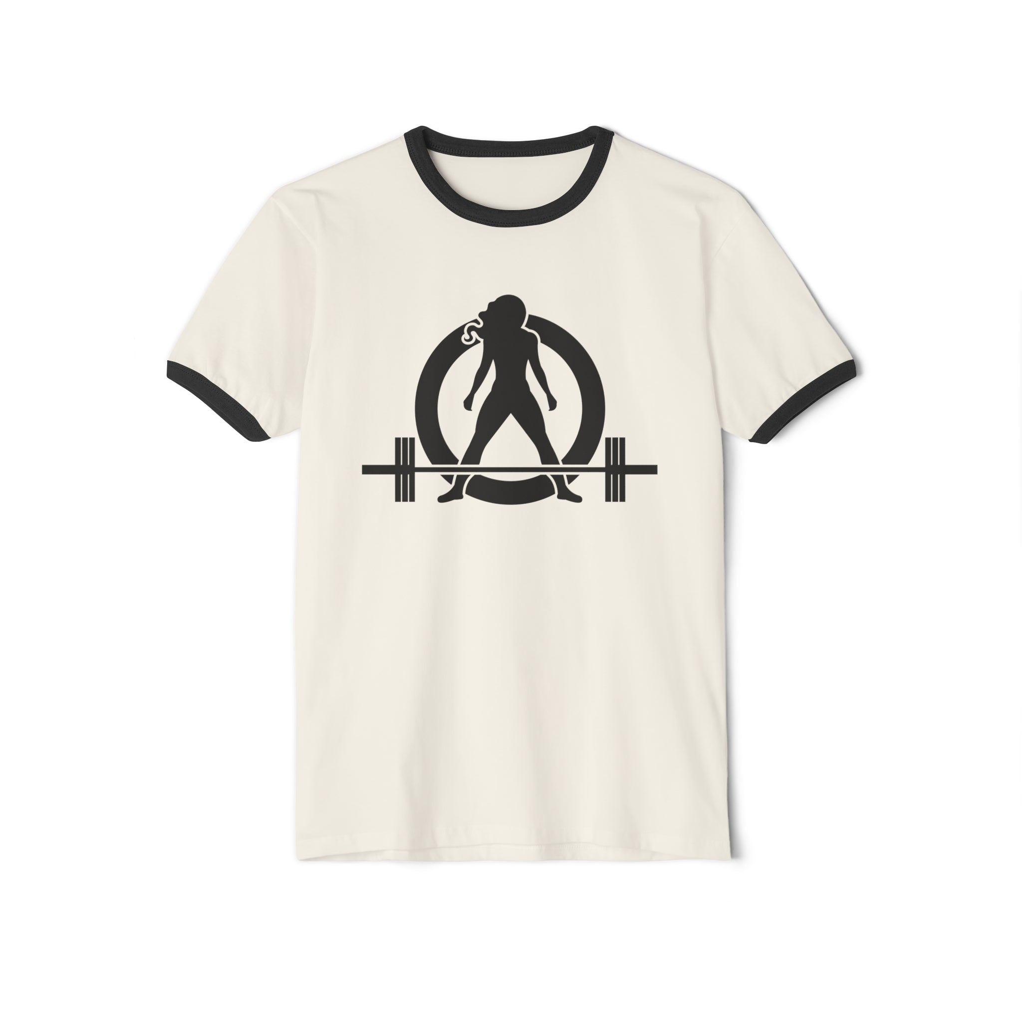 45 + 45 - Unisex Cotton Ringer T-Shirt - Black Logo Front & Back