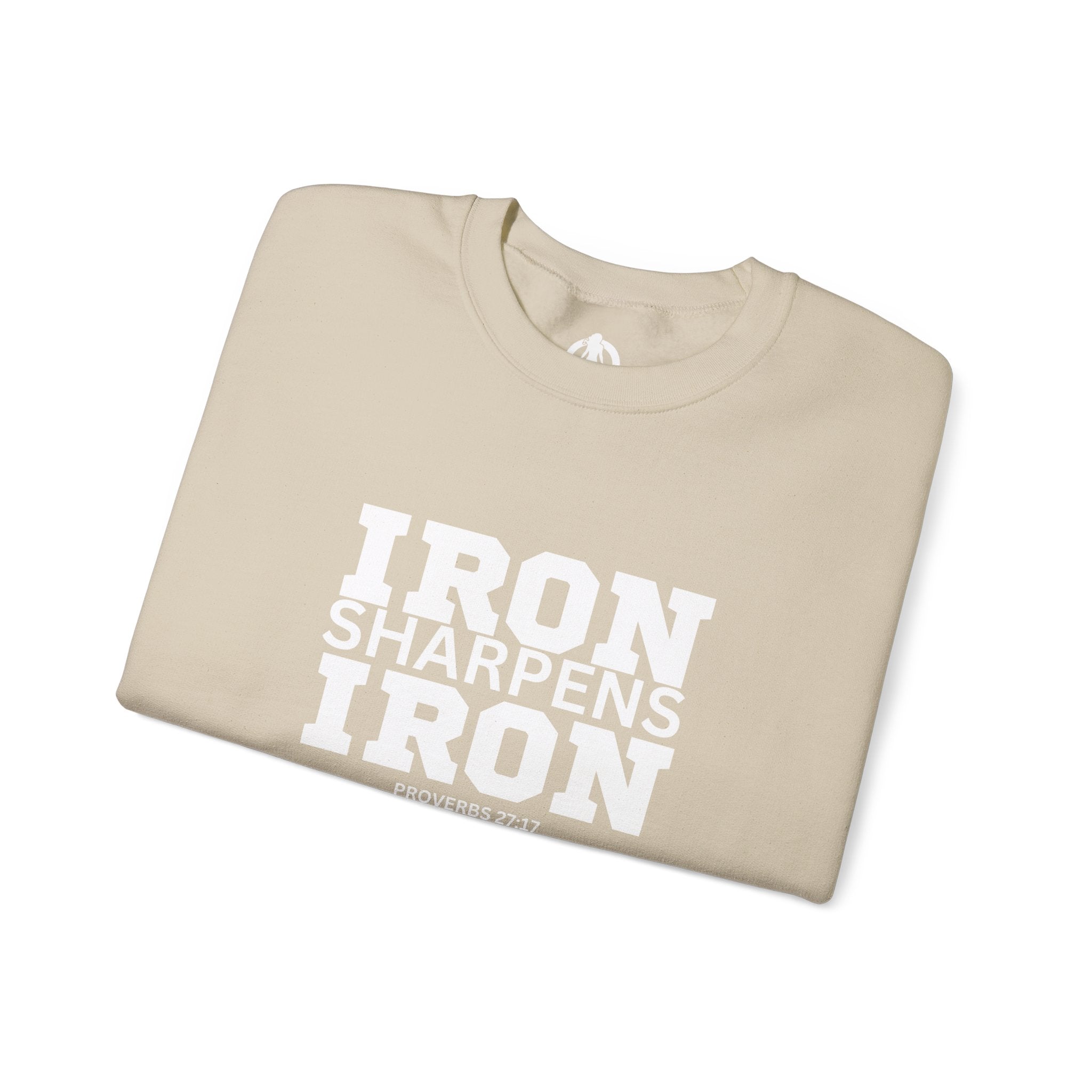 Iron Sharpens Iron - Unisex Heavy Blend™ Crewneck Sweatshirt - Front White Logo - Plain Back