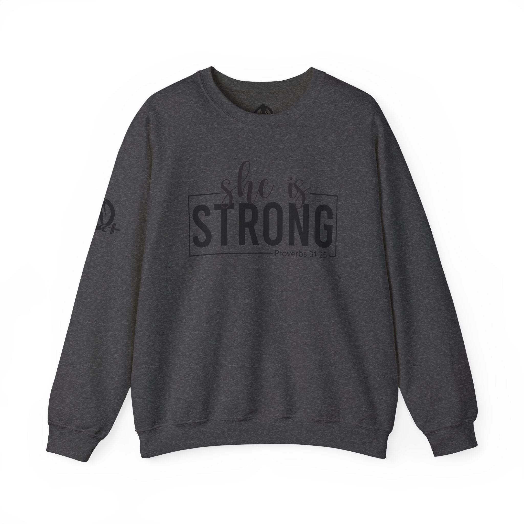 She is STRONG - Unisex Heavy Blend™ Crewneck Sweatshirt - Front Black Logo - Plain Back