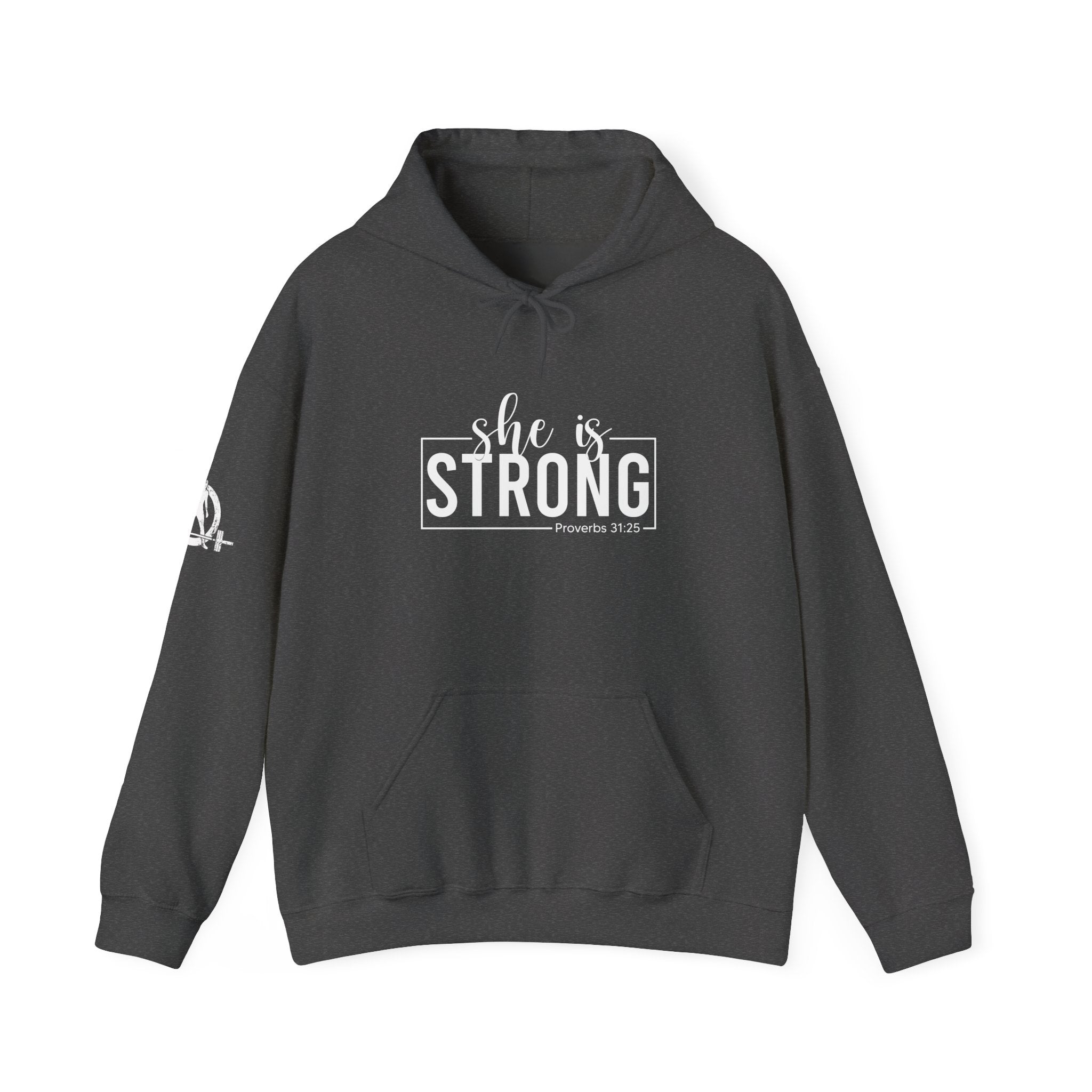 She is STRONG - Unisex Heavy Blend Hooded Sweatshirt - White Logo