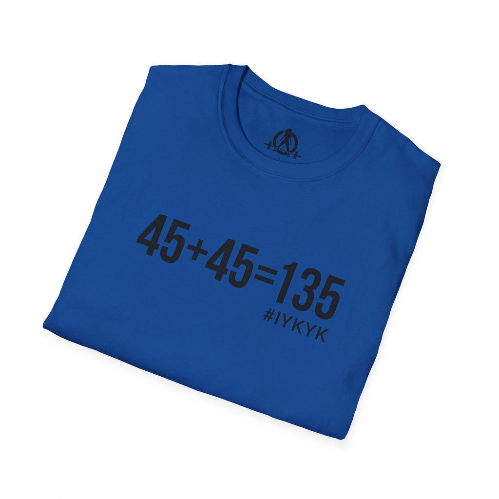 45 + 45 = 135 - Unisex Softstyle T-Shirt - Black Print on Front Plain Back