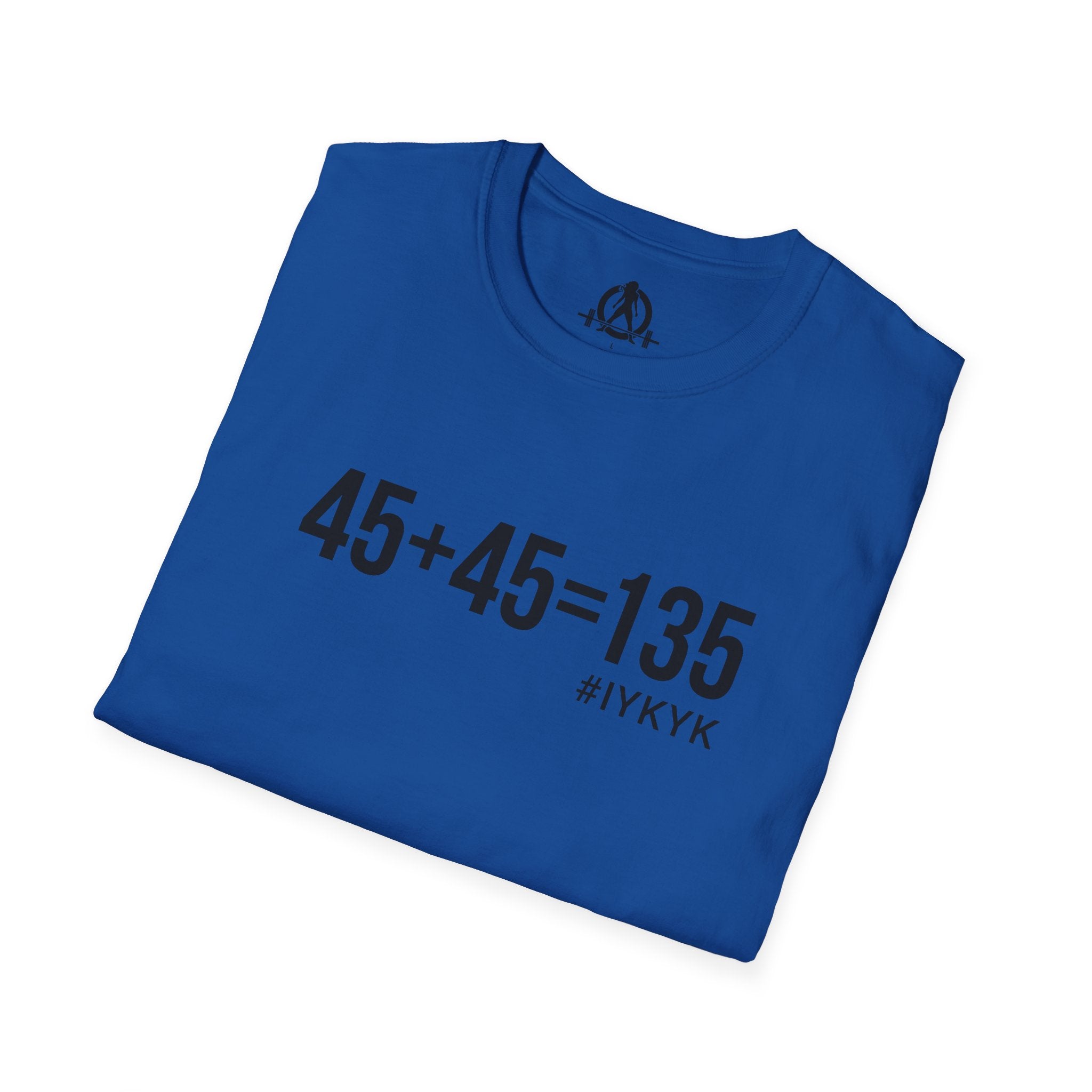 45 + 45 = 135 - Unisex Softstyle T-Shirt - Black Print on Front Plain Back