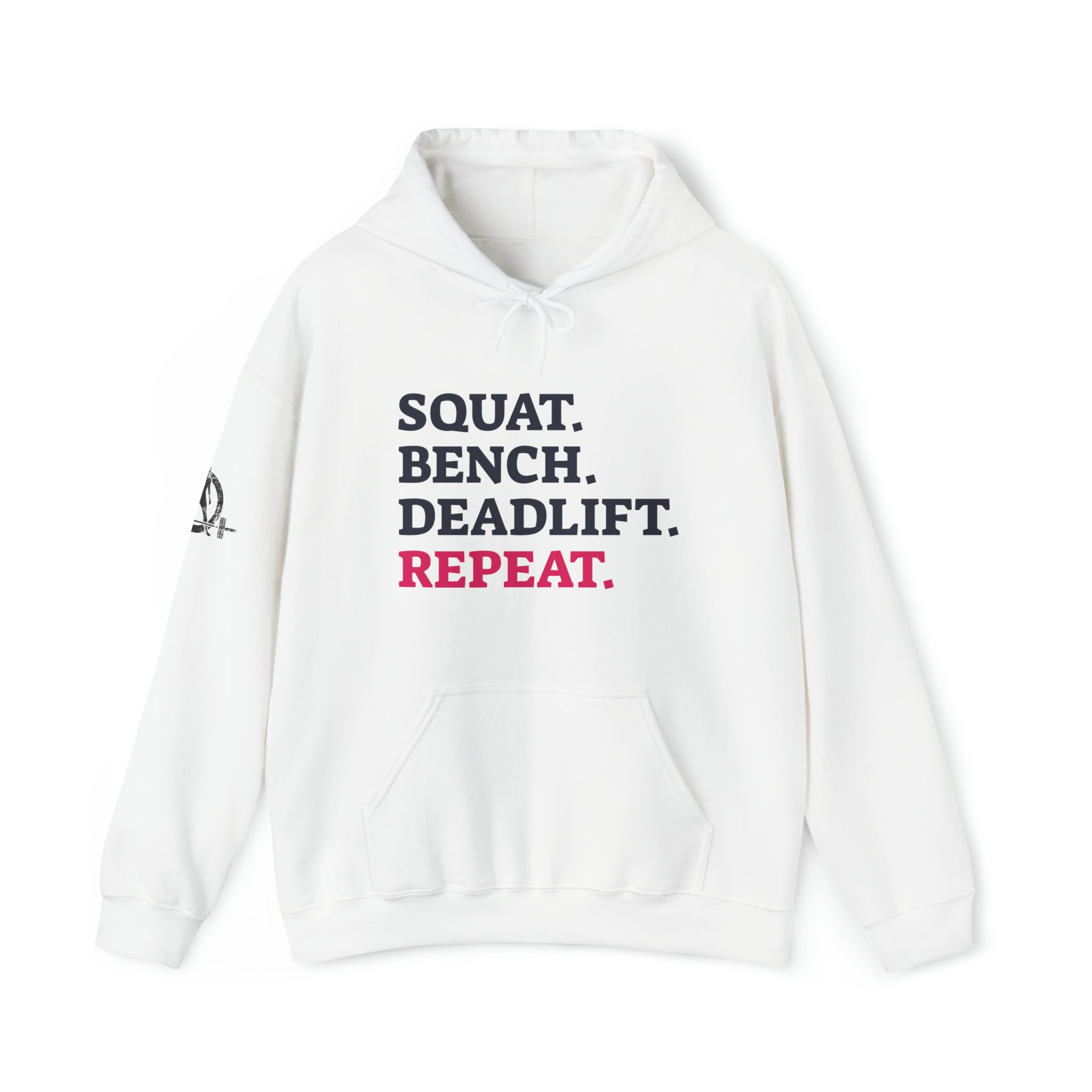Squat Bench Deadlift Repeat - Unisex Heavy Blend Hooded Sweatshirt - Light Logo - Pink- Plain Black
