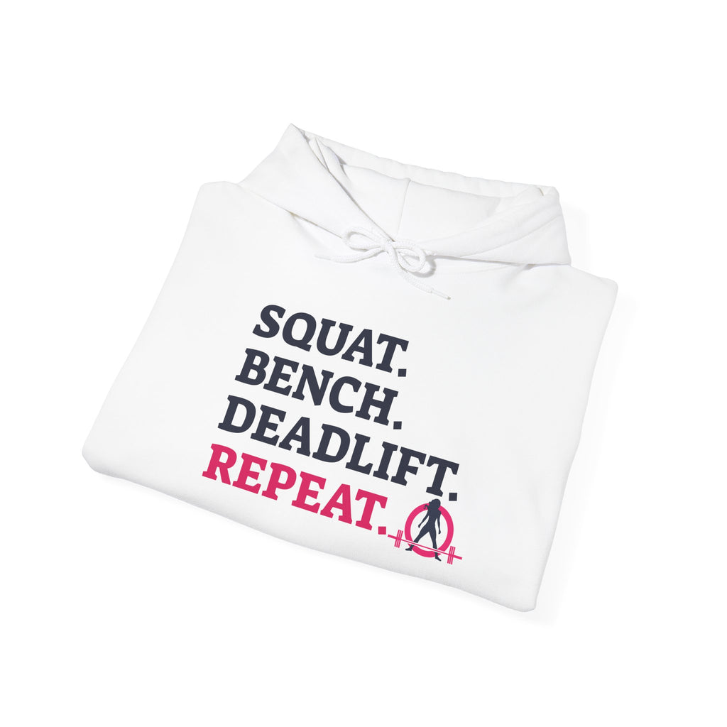 WWLW “Squat • Bench • Deadlift • Repeat” Hoodie - Front Dark Logo Plain Back