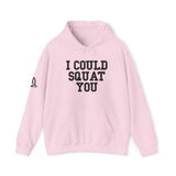 I Could Squat You - Classic Logo White - Unisex Heavy Blend Hooded Sweatshirt - Black Print on Front
