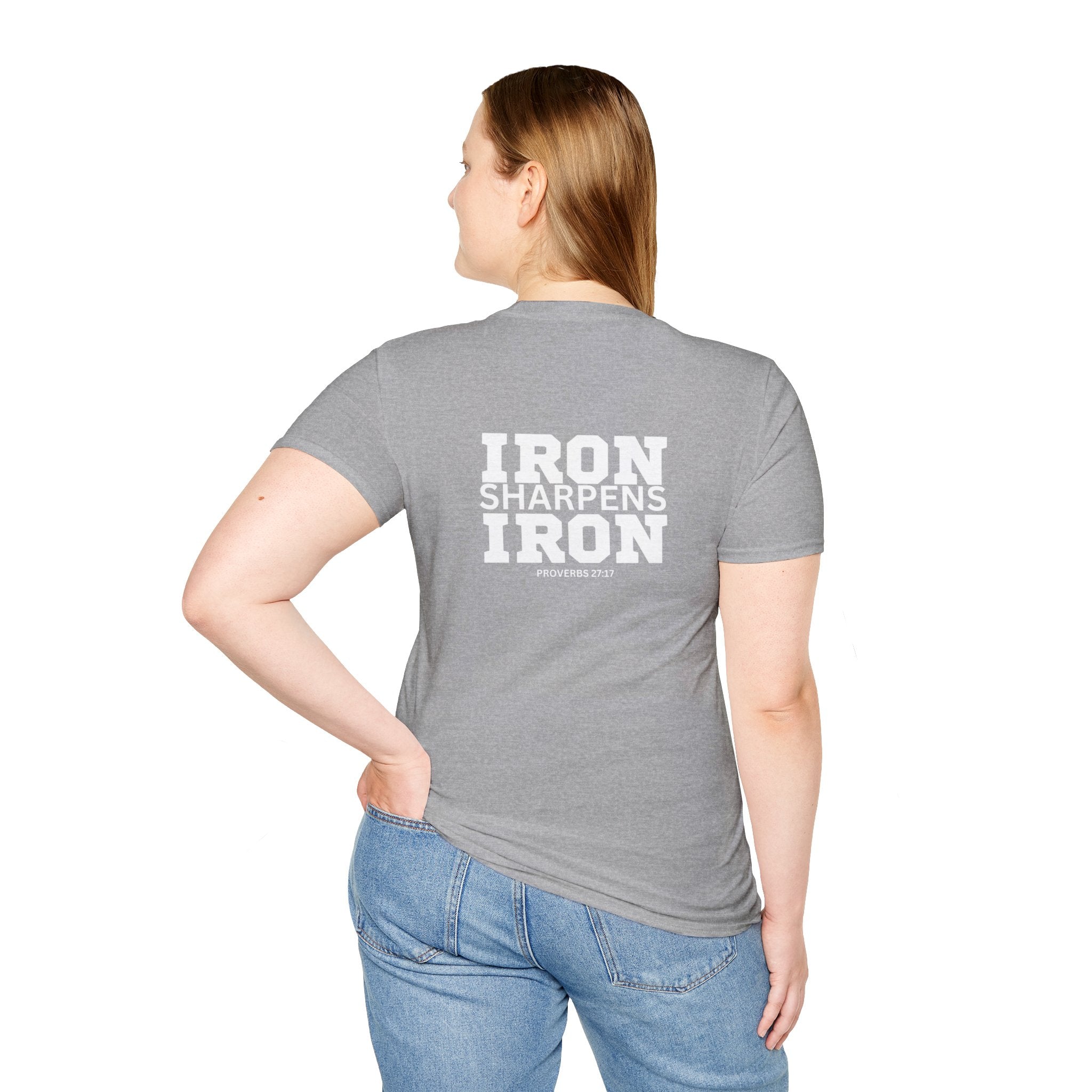Iron Sharpens Iron - Unisex Softstyle T-Shirt - White Logo Front & Back