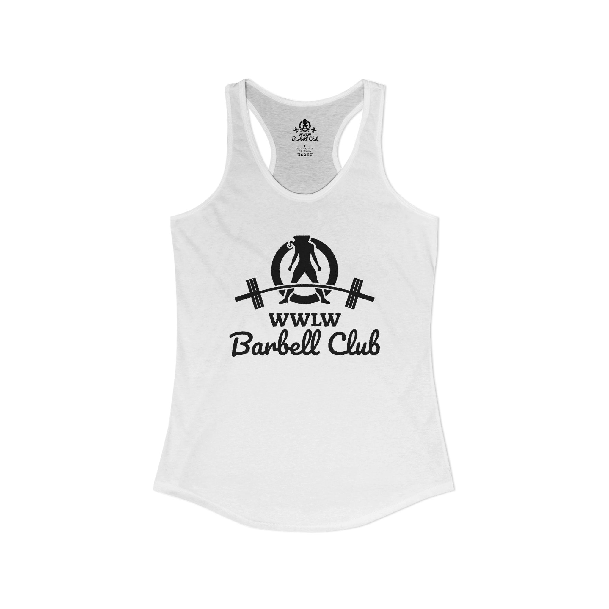 WWLW Barbell Club - Women's Ideal Racerback Tank - Black Logo Front - Plain Back