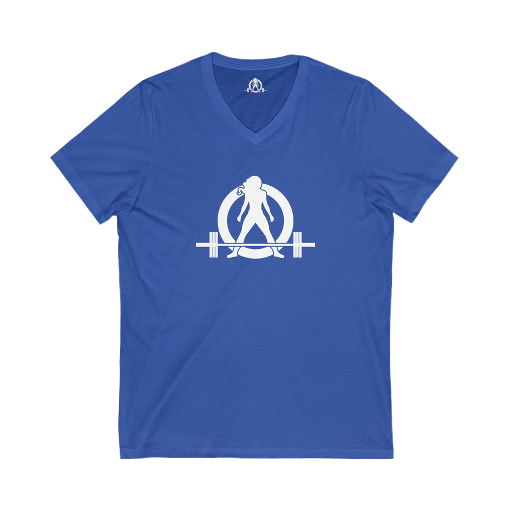 Goal Weight Strong AF - Unisex Jersey Short Sleeve V-Neck Tee - Front & Back White Print