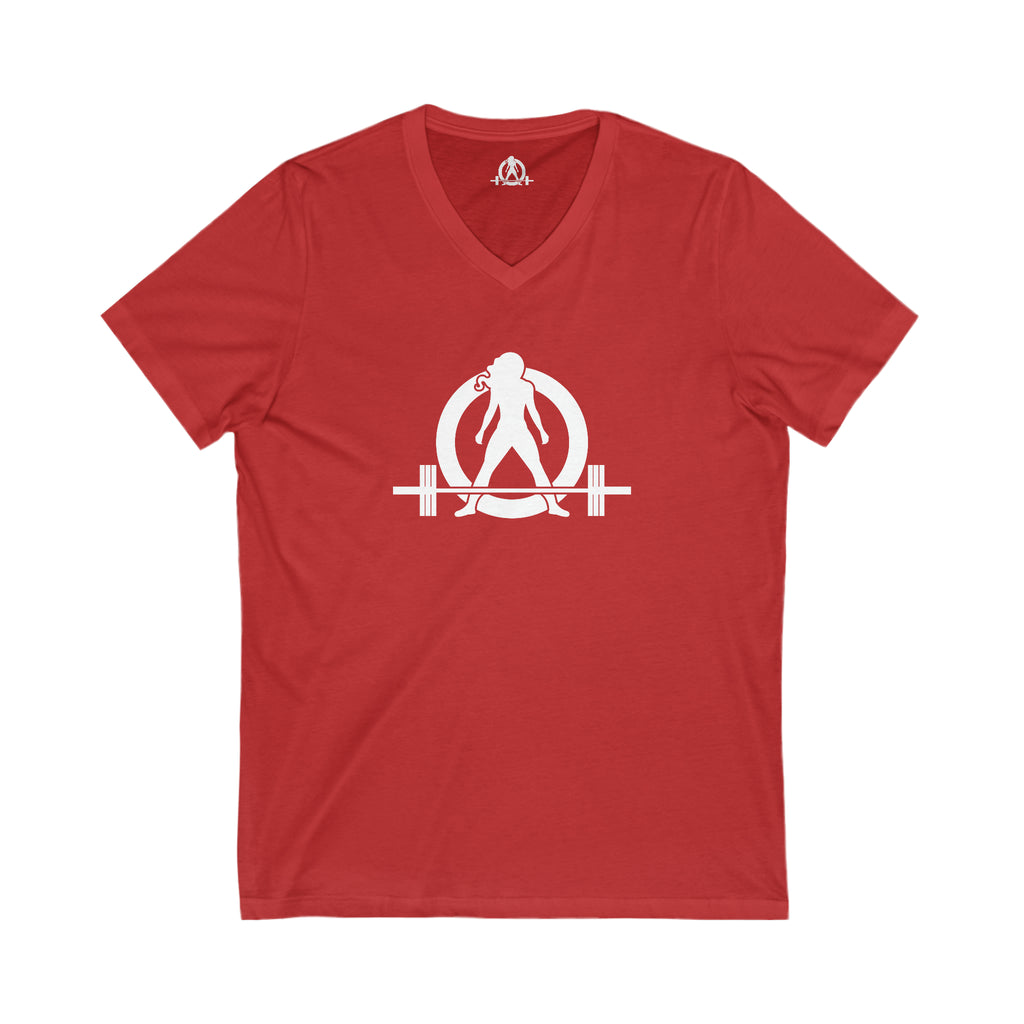 Goal Weight Strong AF - Unisex Jersey Short Sleeve V-Neck Tee - Front & Back White Print