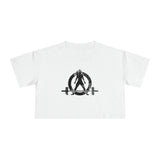 Distressed Collection - Women's Crop Tee - White - Front Black Distressed Logo