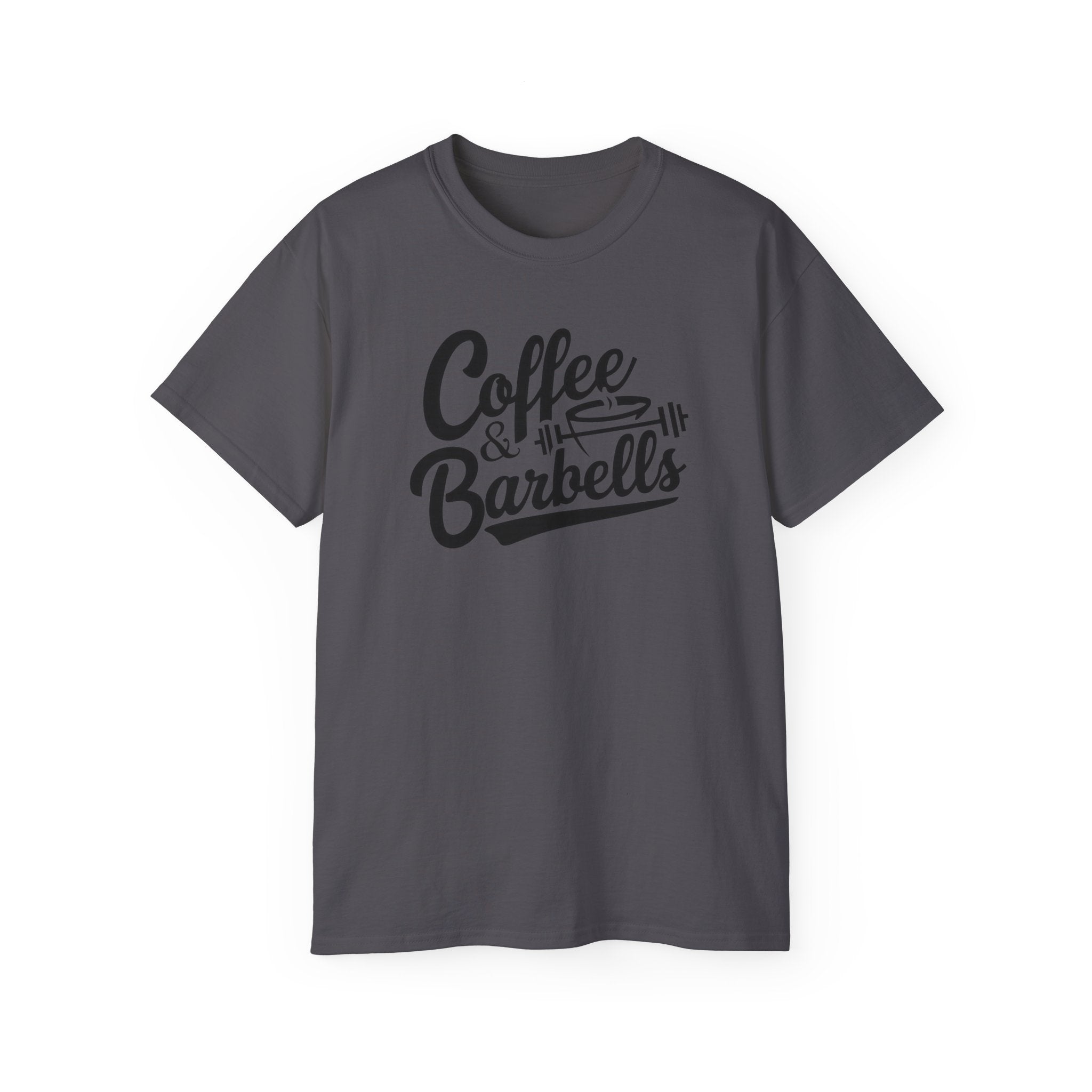 Coffee & Barbells - Unisex Ultra Cotton Tee - Front Black Logo - Plain Back