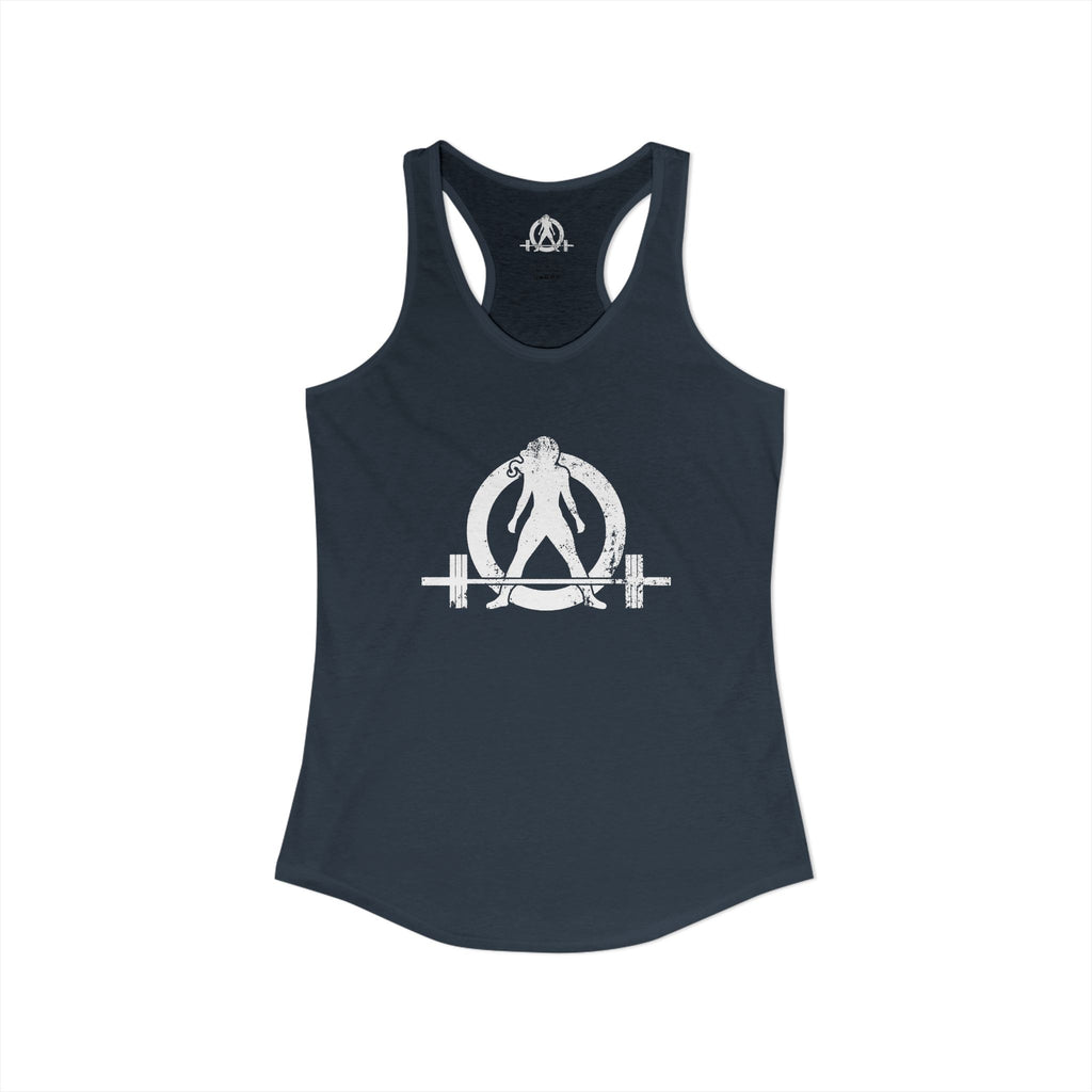 Cardio?  Lift Weights Faster - Distressed White Logo - Ideal Racerback Tank - Front & Back