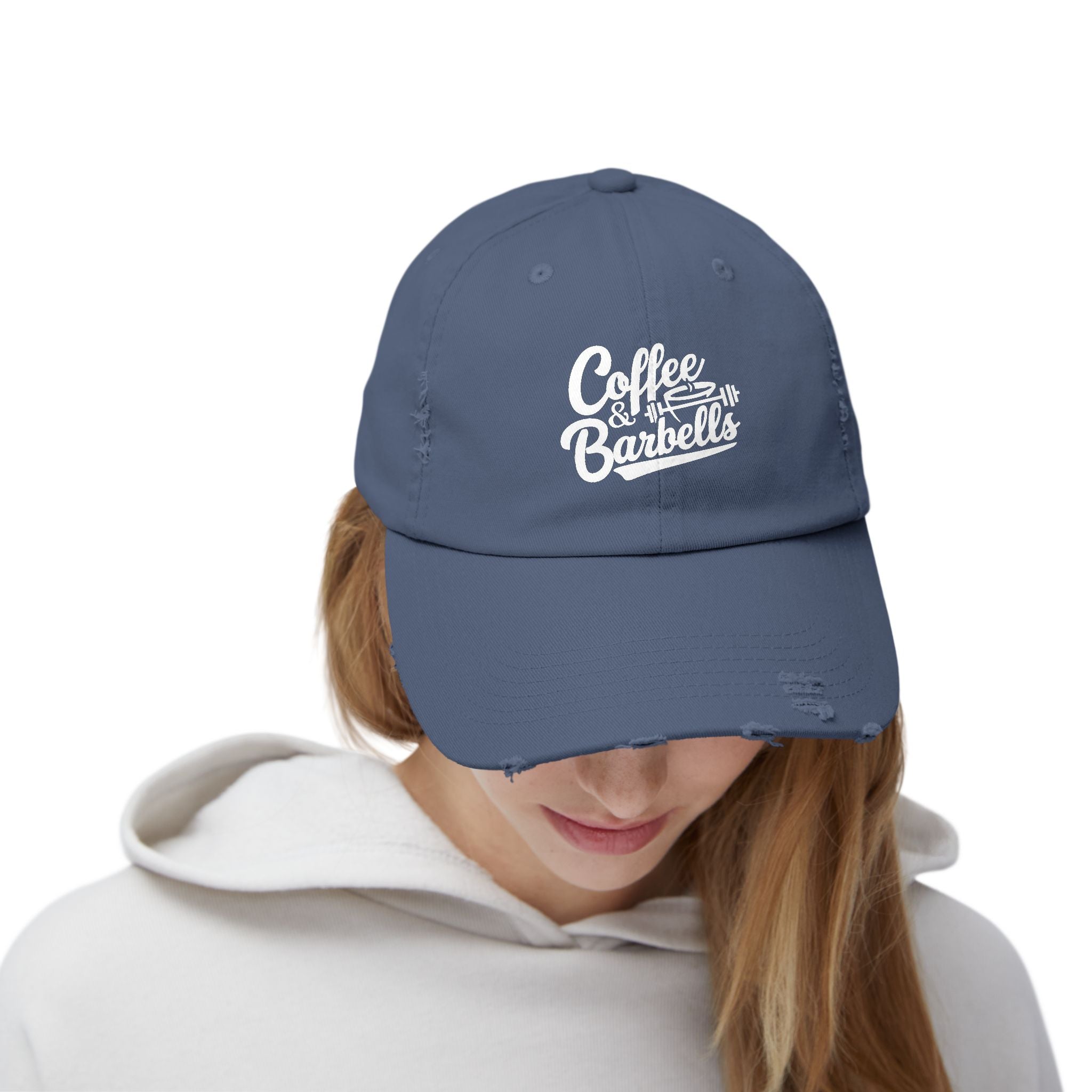 Coffee & Barbells - Unisex Distressed Cap - White Logo