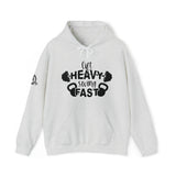Lift Heavy Swing Fast - Unisex Heavy Blend Hooded Sweatshirt - Black Logo - Right Shoulder - Plain Back