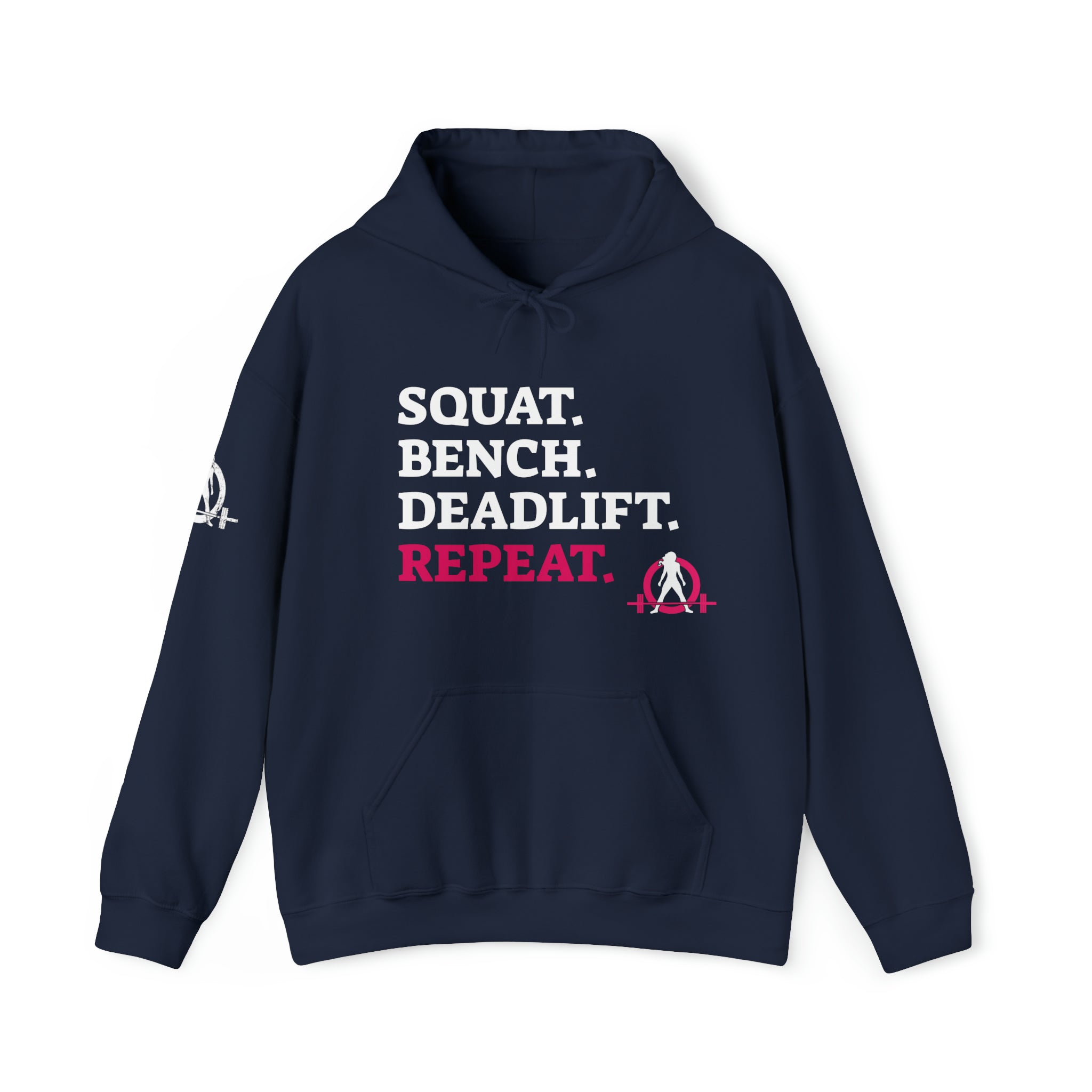 Squat Bench Deadlift Repeat - Unisex Heavy Blend Hooded Sweatshirt - Dark WWLW Logo - Pink - Plain Black