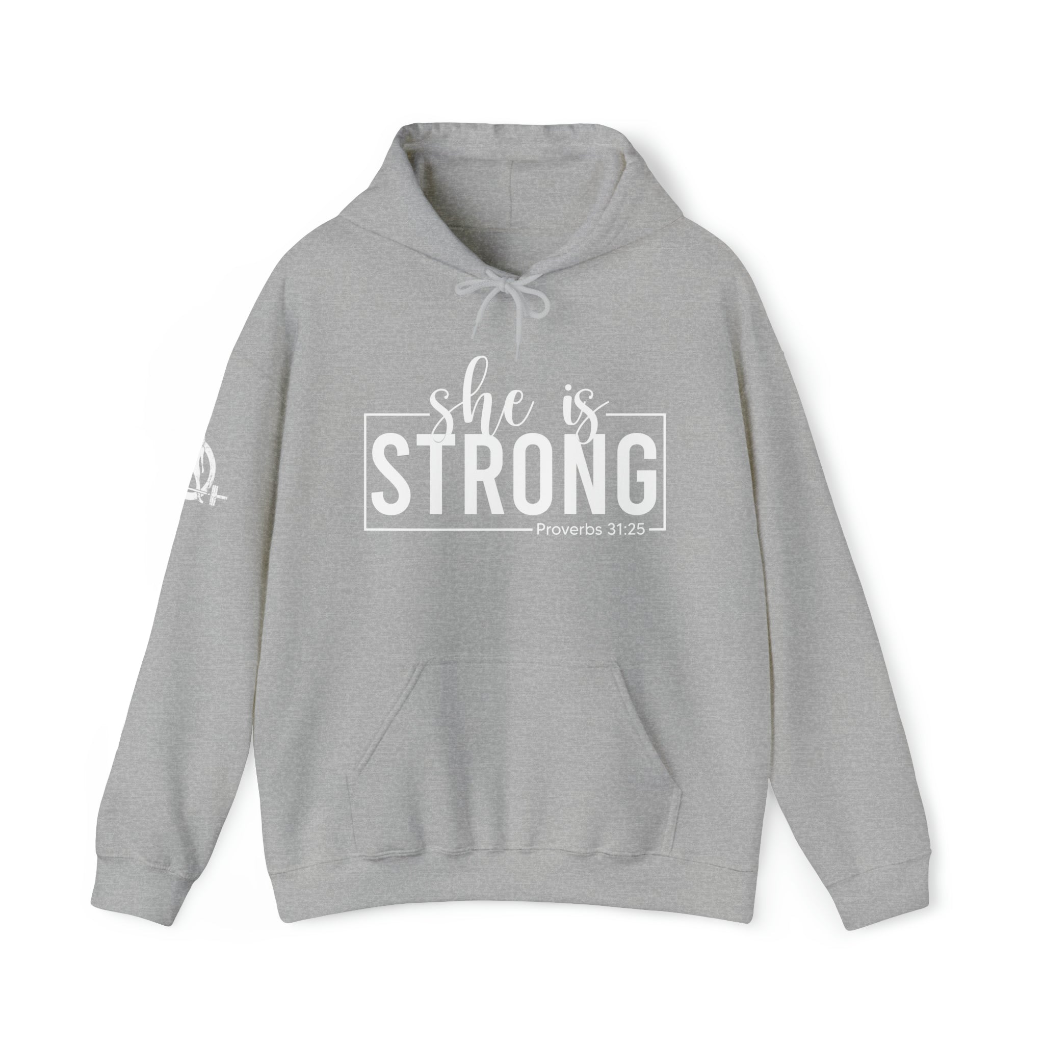 She is STRONG - Unisex Heavy Blend Hooded Sweatshirt - White Logo -  Plain Back
