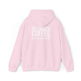 COFFEE and a Barbell  - Distressed White Logo  - Unisex Heavy Blend Hooded Sweatshirt