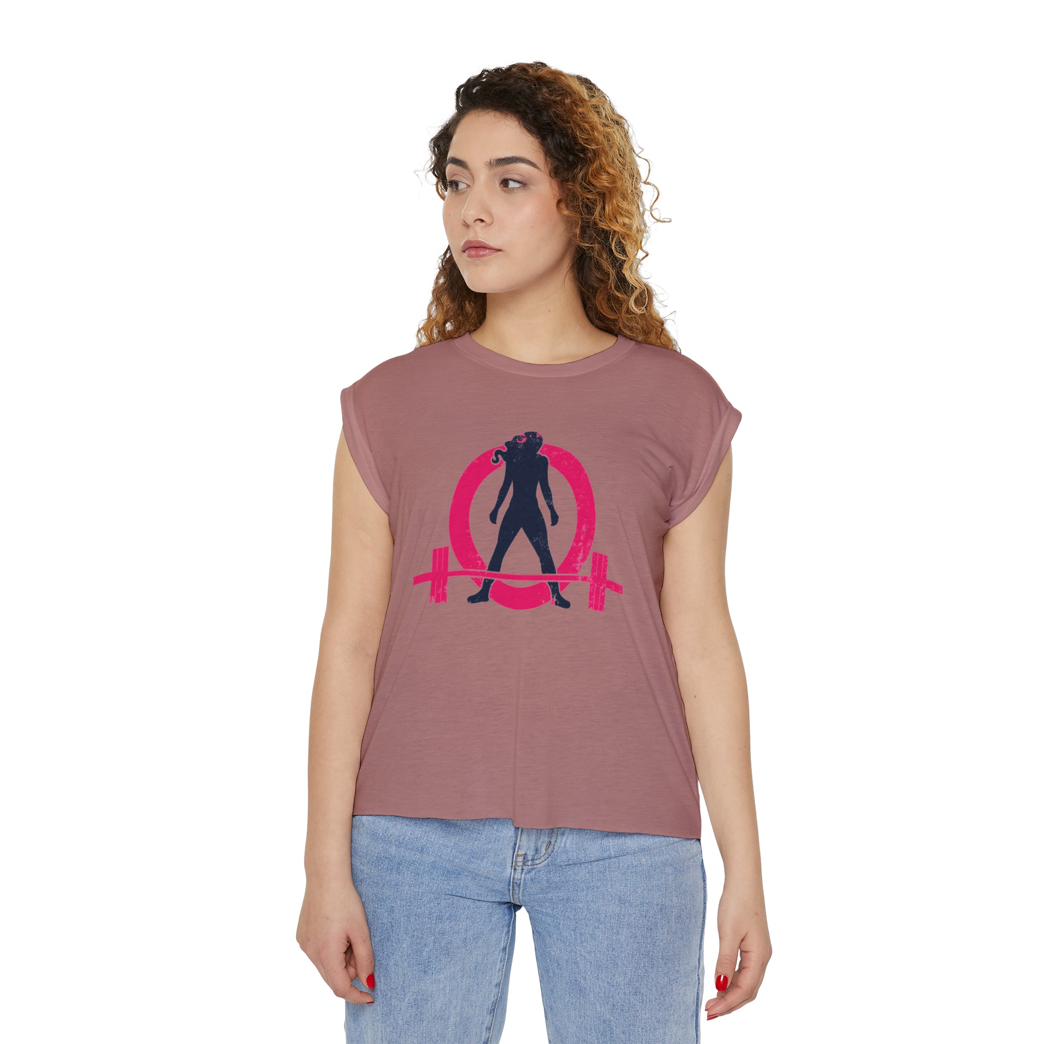 Women’s Flowy Rolled Cuffs Muscle Tee - Light Distressed Logo