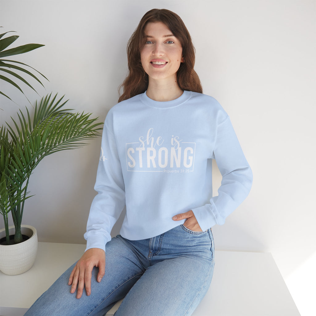She is STRONG - Unisex Heavy Blend™ Crewneck Sweatshirt - Front White Logo - Plain Back