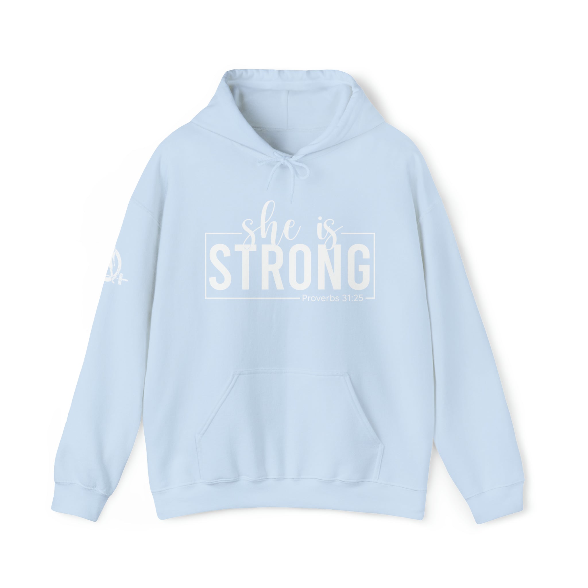 She is STRONG - Unisex Heavy Blend Hooded Sweatshirt - White Logo -  Plain Back