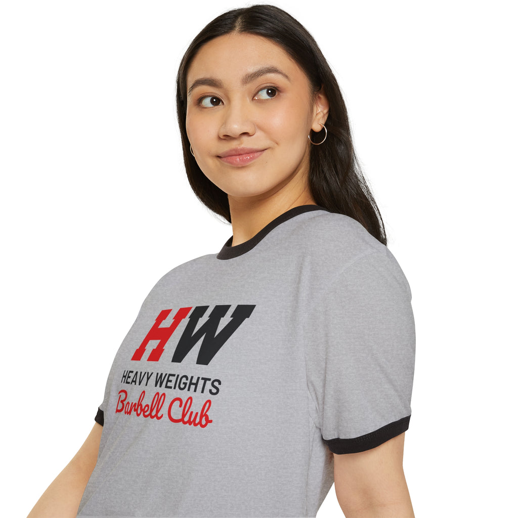 HW Barbell Club - Unisex Cotton Ringer T-Shirt - Black Classic Logo Front Plain Back