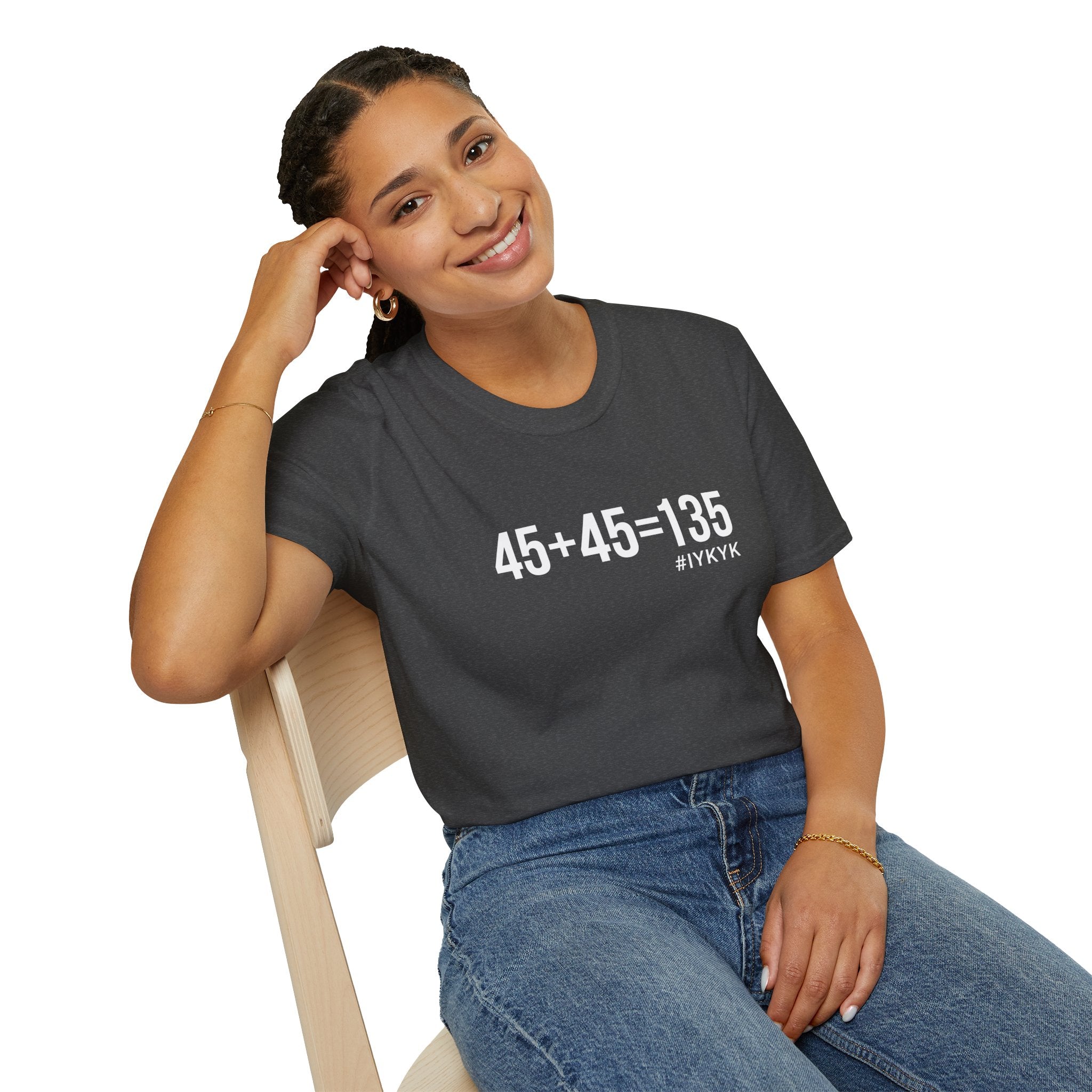 45 + 45 = 135  - Unisex Softstyle T-Shirt - Print on Front Plain Back