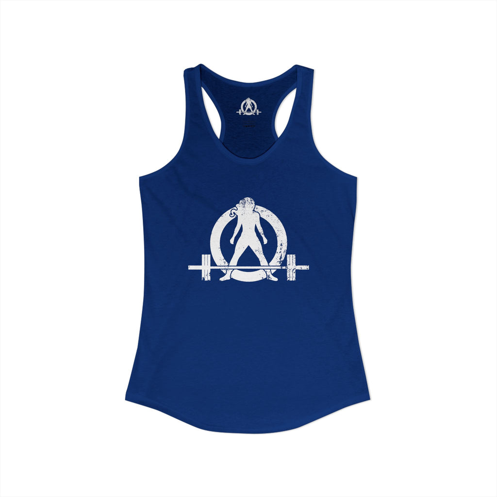 Distressed - Simple - Women's Ideal Racerback Tank - White Distressed Logo Front - Plain Back