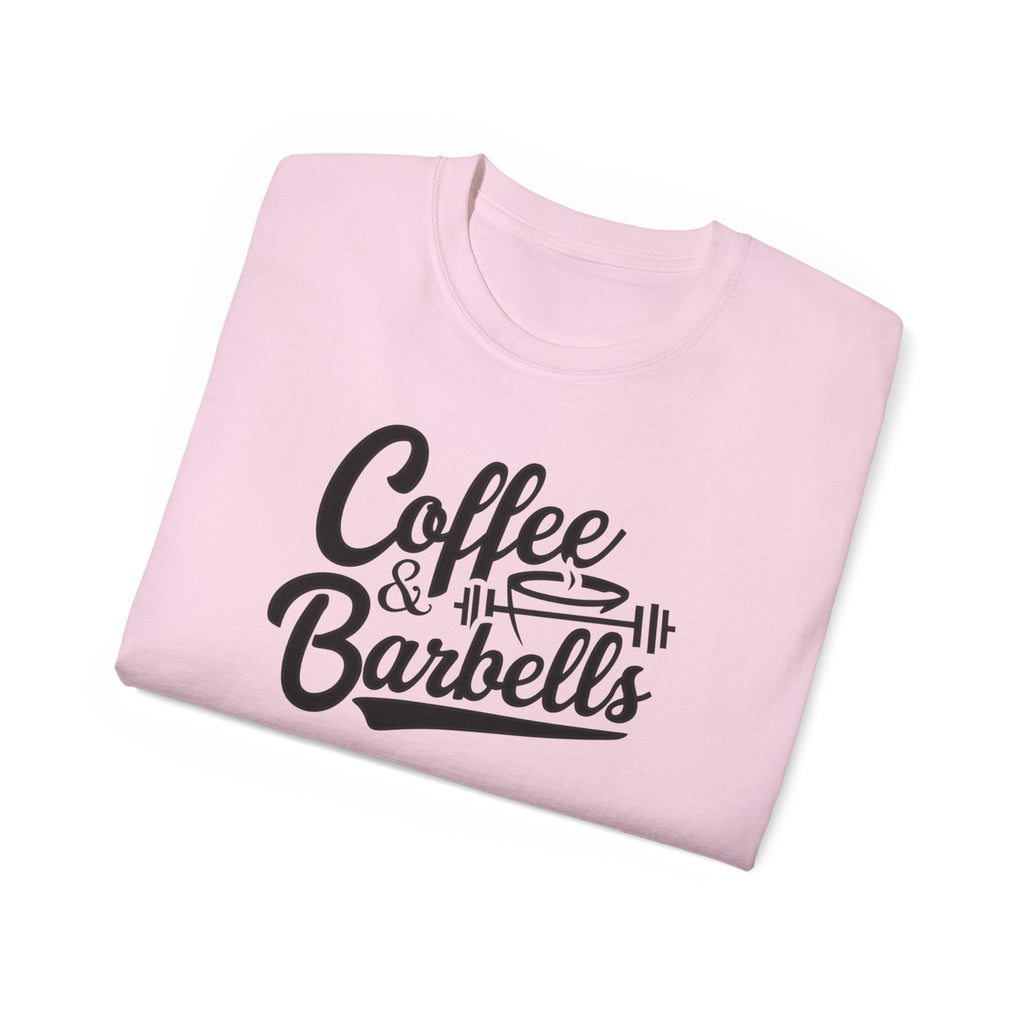 Coffee & Barbells - Unisex Ultra Cotton Tee - Front Black Logo - Plain Back