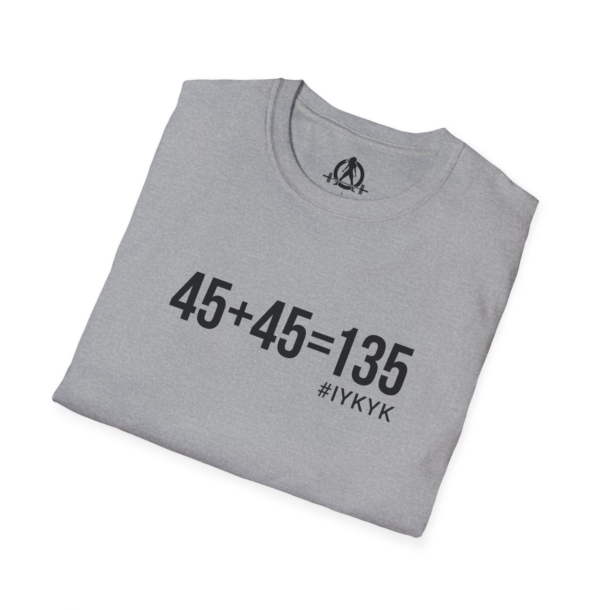 45 + 45 = 135 - Unisex Softstyle T-Shirt - Black Print on Front Plain Back