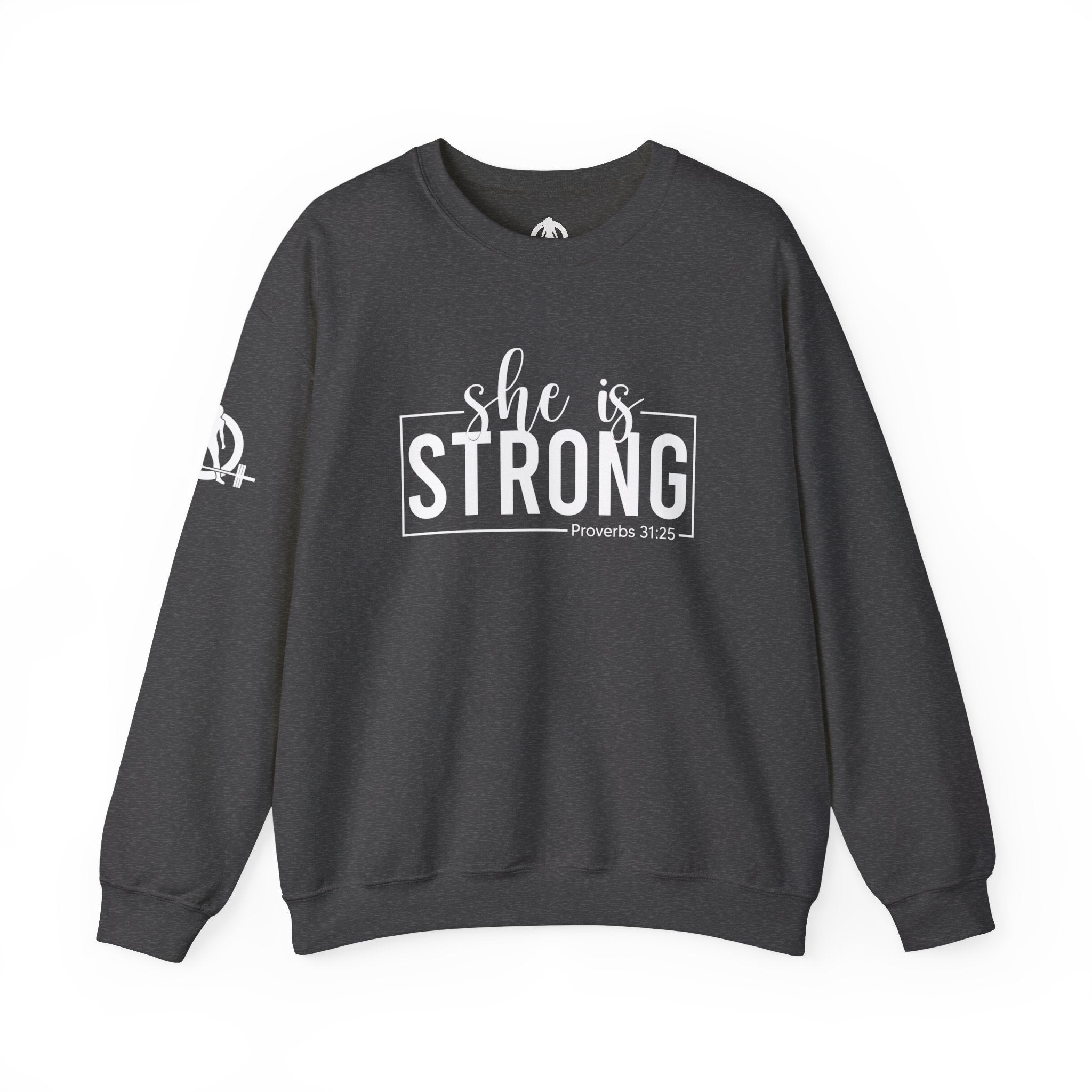 She is STRONG - Unisex Heavy Blend™ Crewneck Sweatshirt - Front White Logo - Plain Back