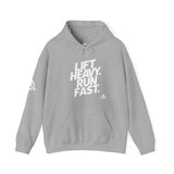 Lift Heavy Run Fast - Unisex Heavy Blend Hooded Sweatshirt - Front White Logo