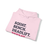 Squat Bench Deadlift Repeat - Unisex Heavy Blend Hooded Sweatshirt - Light Logo - Pink- Plain Black