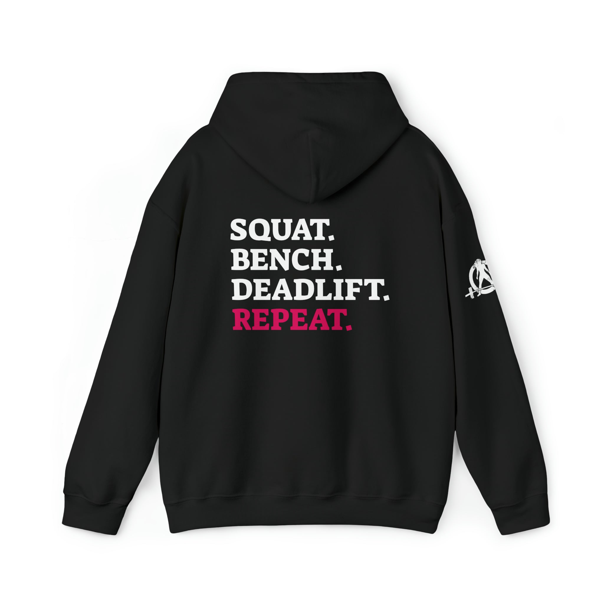 Squat Bench Deadlift Repeat - Unisex Heavy Blend Hooded Sweatshirt - Dark White Logo - Pink - SBDR on BACK