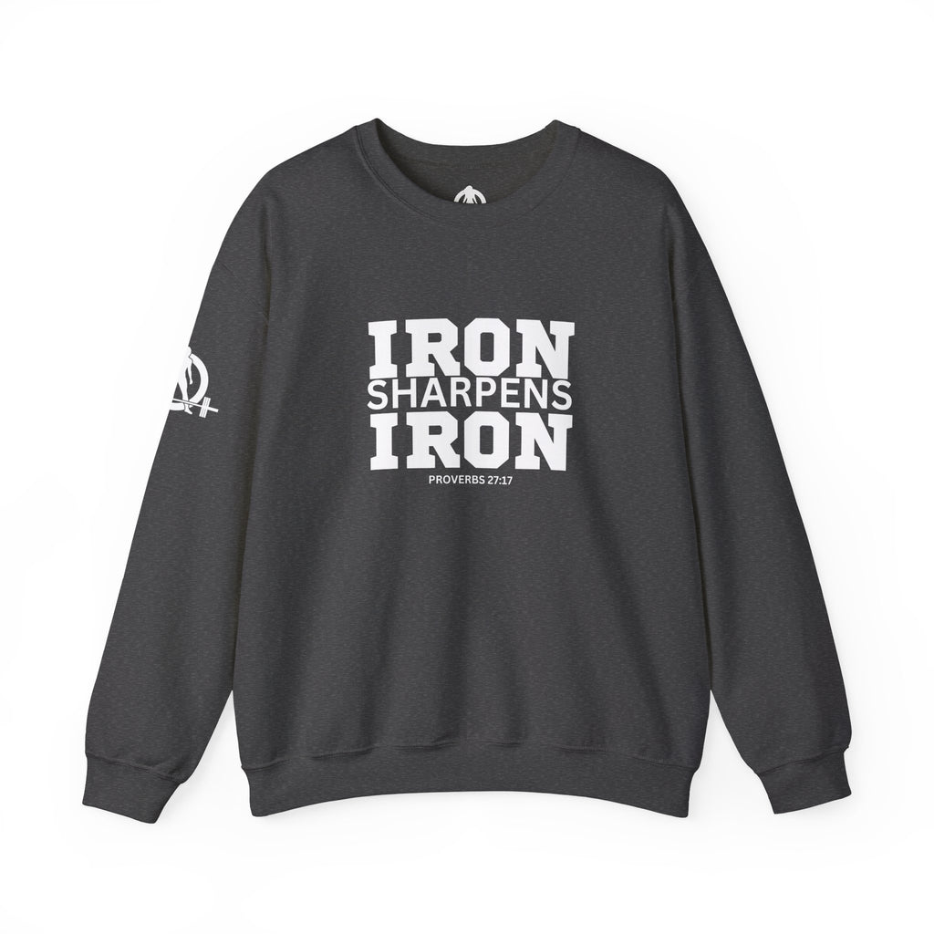 Iron Sharpens Iron - Unisex Heavy Blend™ Crewneck Sweatshirt - Front White Logo - Plain Back