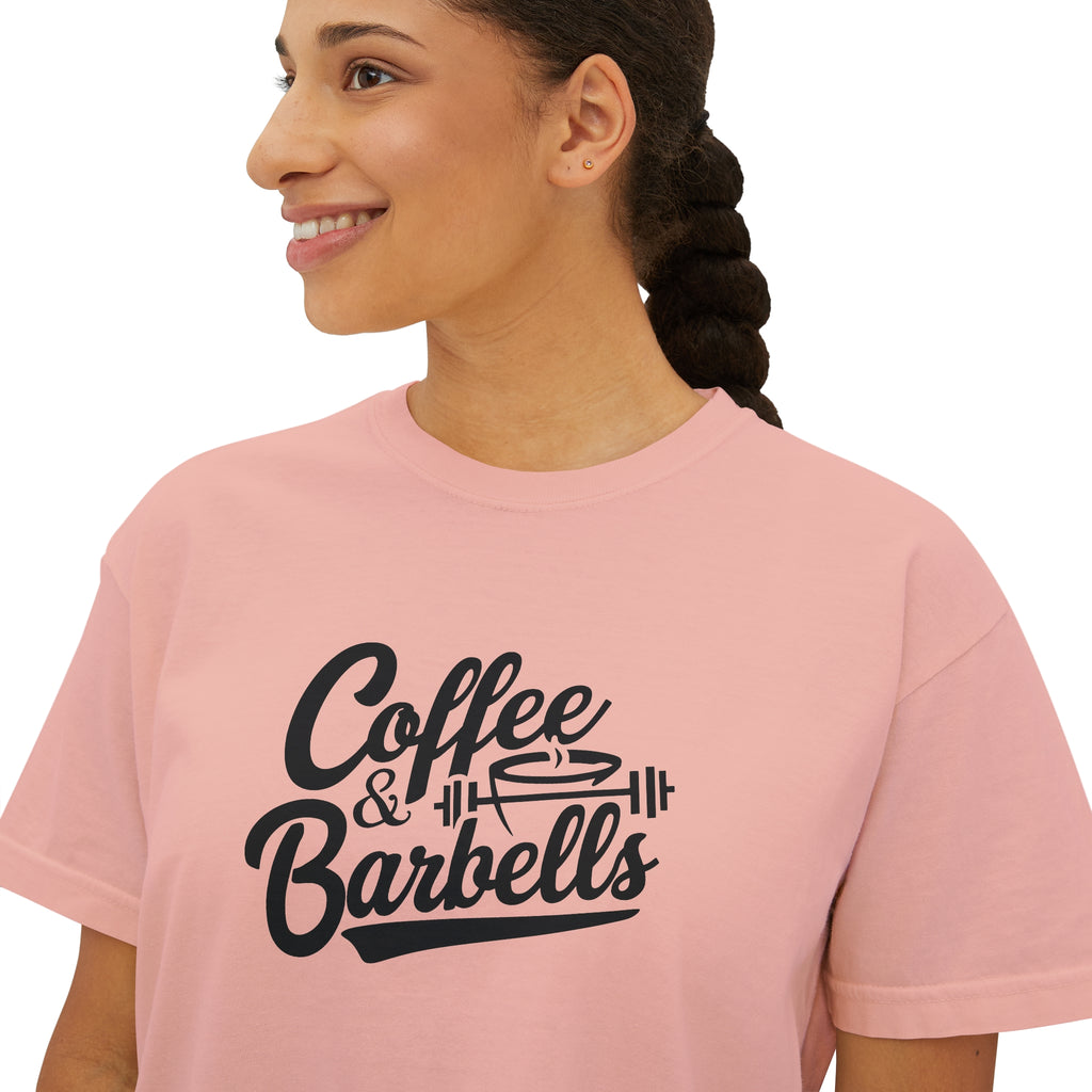 Coffee & Barbells - Women's Boxy Tee - Black Logo Front Plain Back