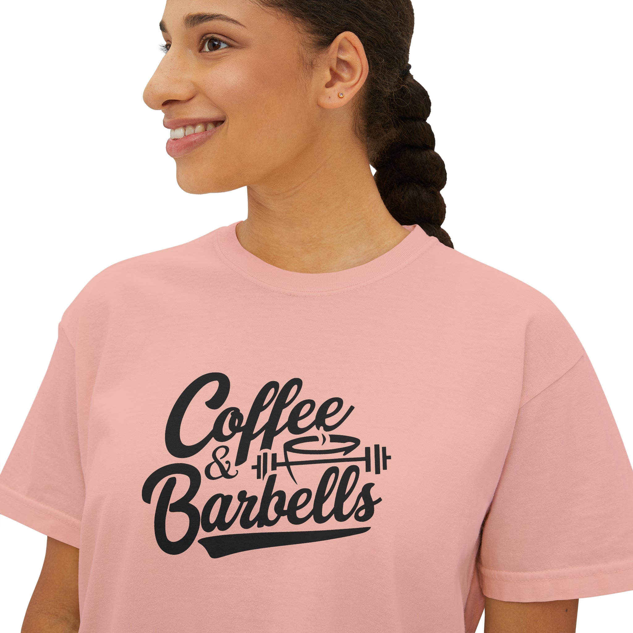 Coffee & Barbells - Women's Boxy Tee - Black Logo Front Plain Back