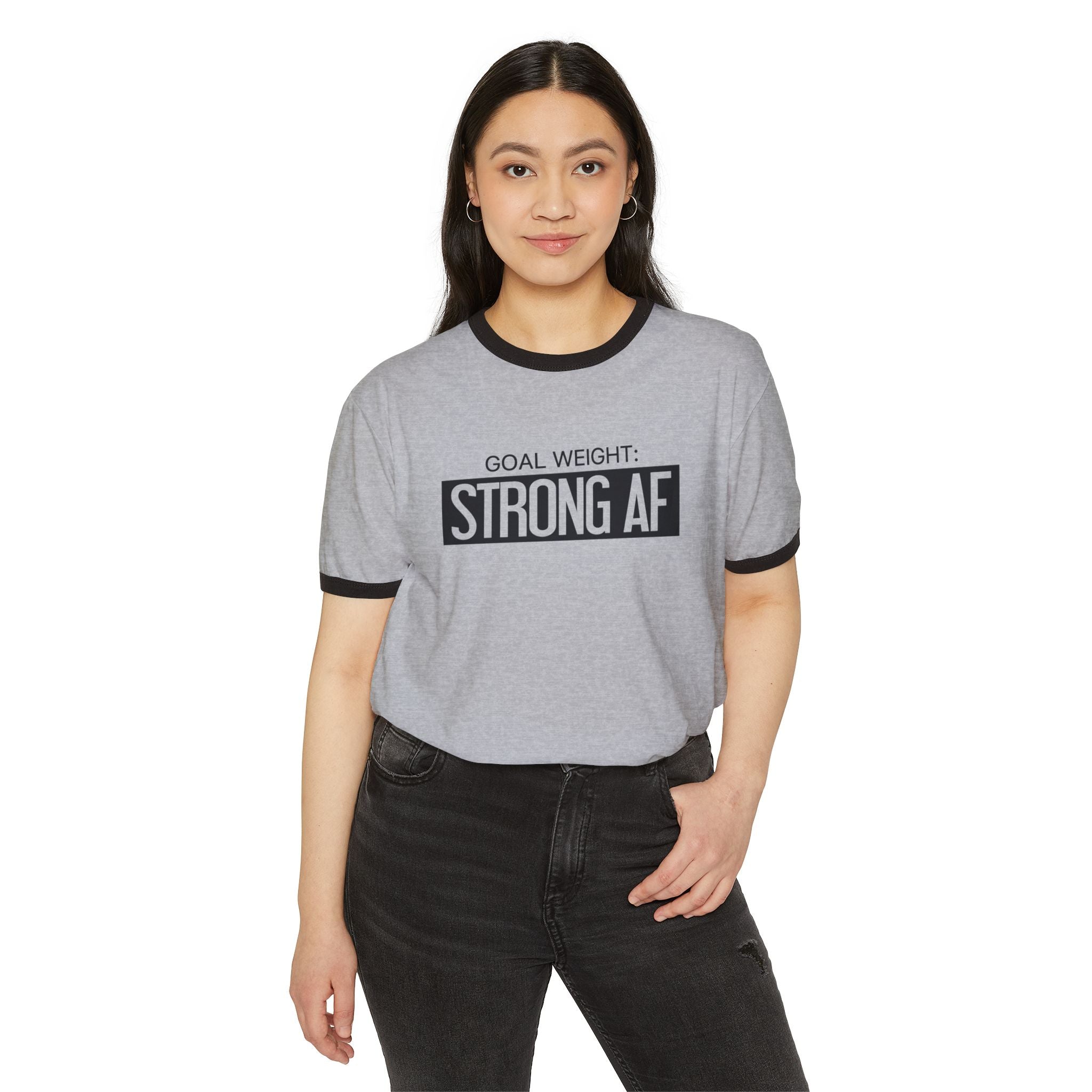 Goal Weight Strong AF - Unisex Cotton Ringer T-Shirt - Black Logo Plain Back