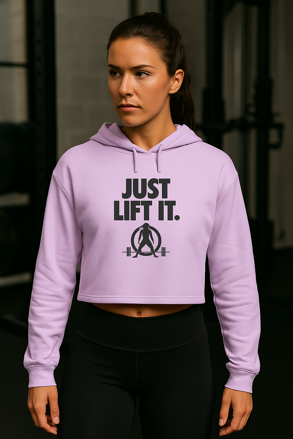 Just Lift It - Empowered Crop Hoodie – Black Logo - Plain Back