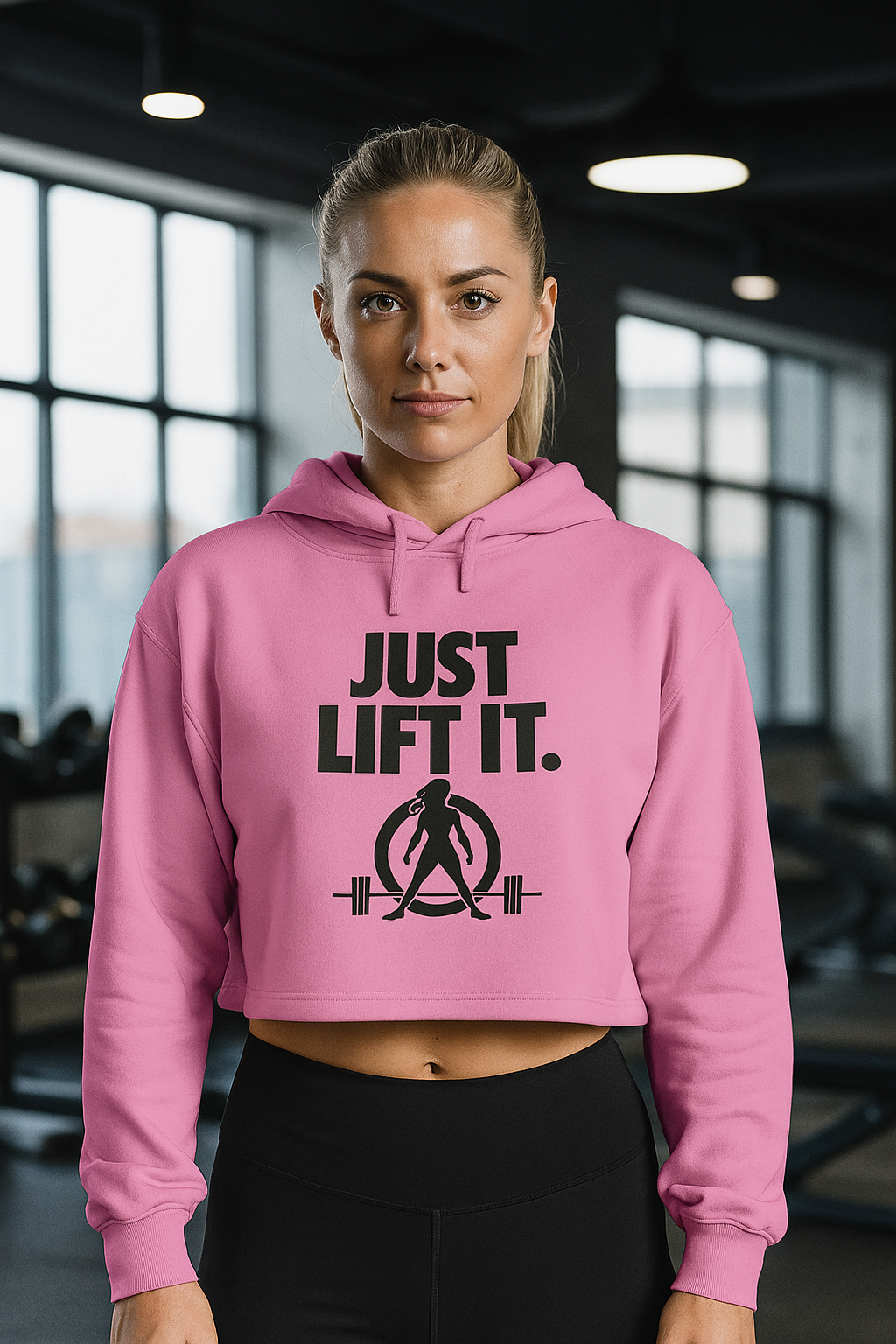 Just Lift It - Empowered Crop Hoodie – Black Logo - Plain Back