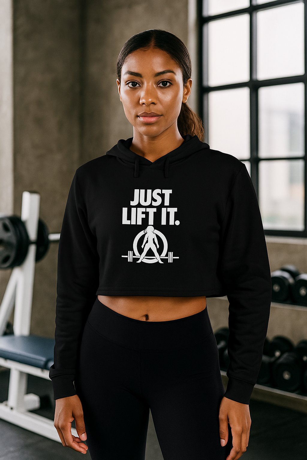 Just Lift It - Empowered Crop Hoodie – White Logo - Plain Back
