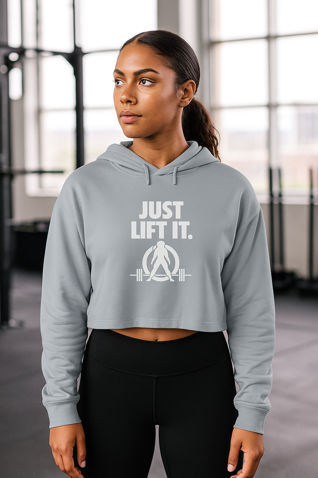 Just Lift It - Empowered Crop Hoodie – White Logo - Plain Back