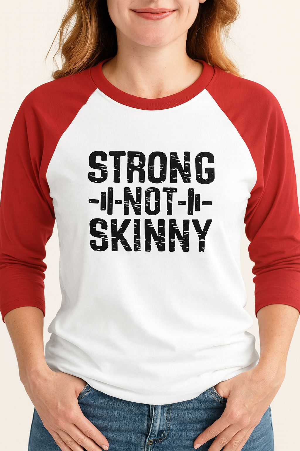 Strong Not Skinny – 3/4 Sleeve Baseball Tee (Black Logo)