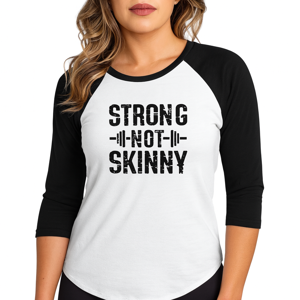 Strong Not Skinny – 3/4 Sleeve Baseball Tee (Black Logo)
