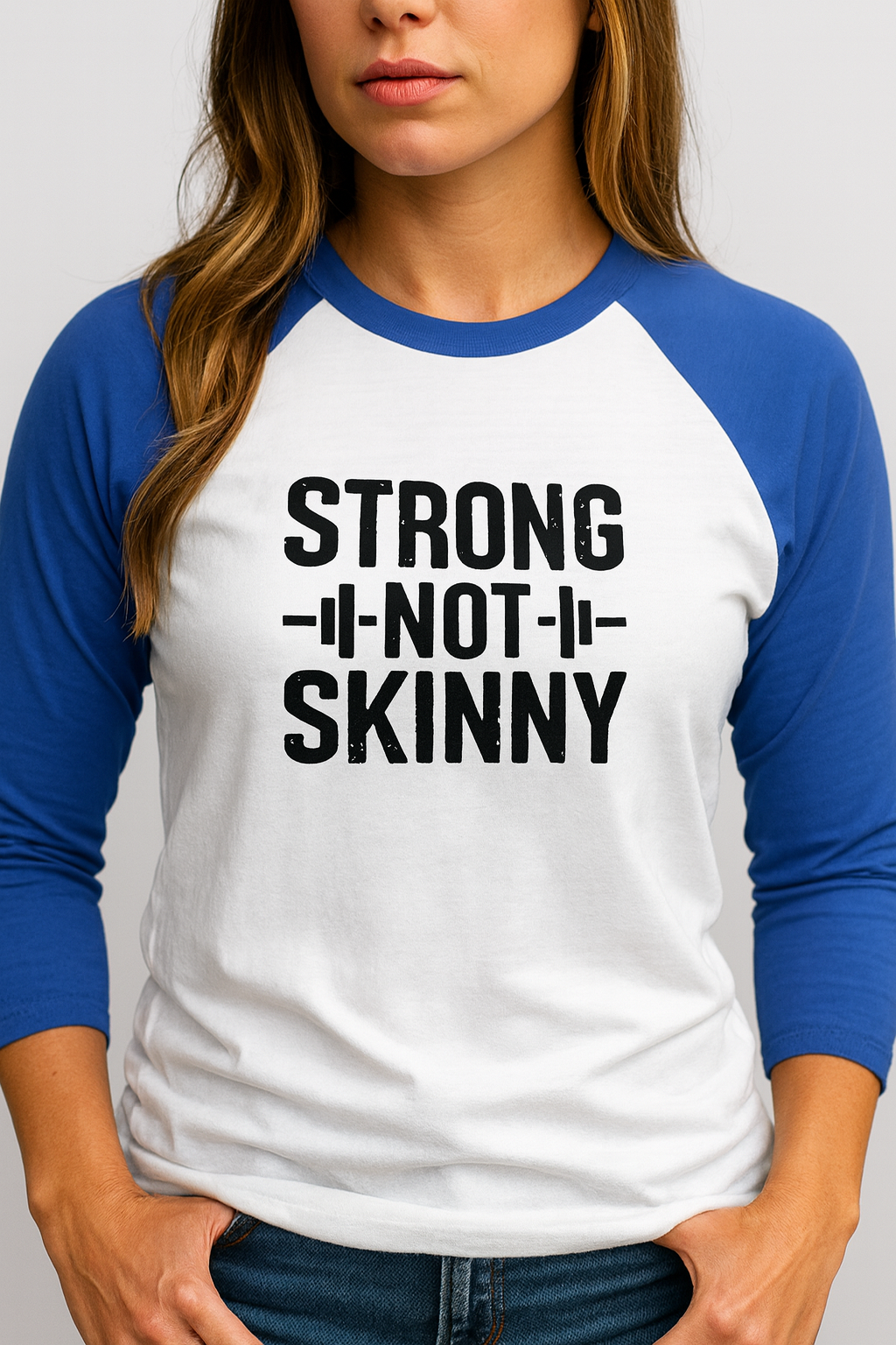 Strong Not Skinny – 3/4 Sleeve Baseball Tee (Black Logo)
