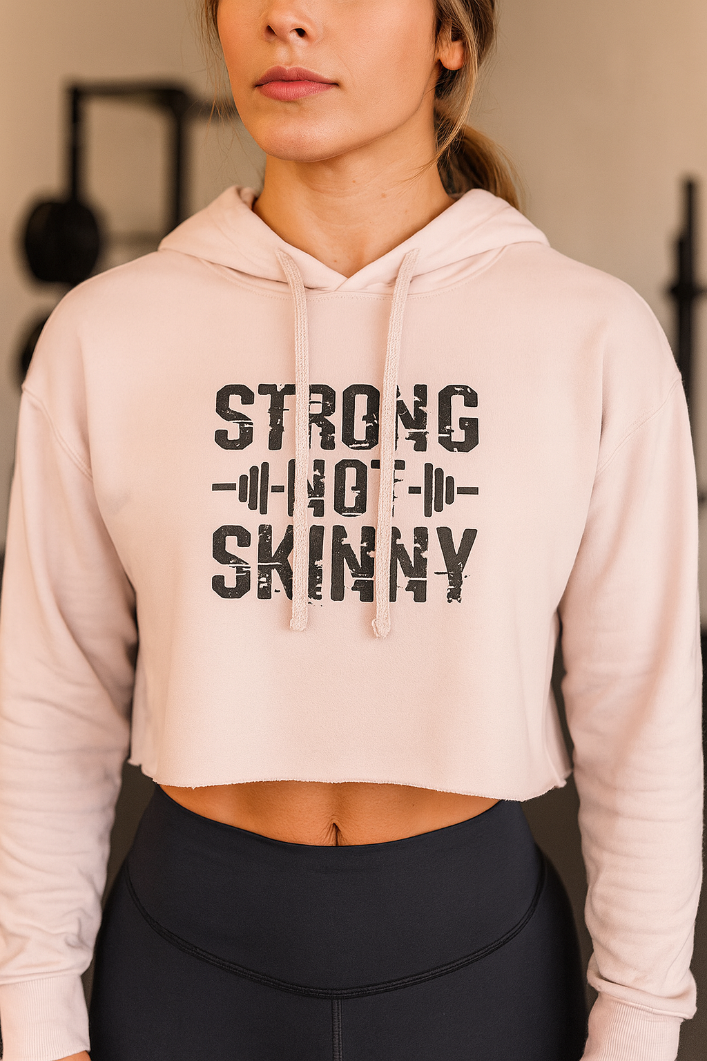 Strong Not Skinny - Empowered Crop Hoodie – For Strong Women Who Lift - Black Distressed Logo