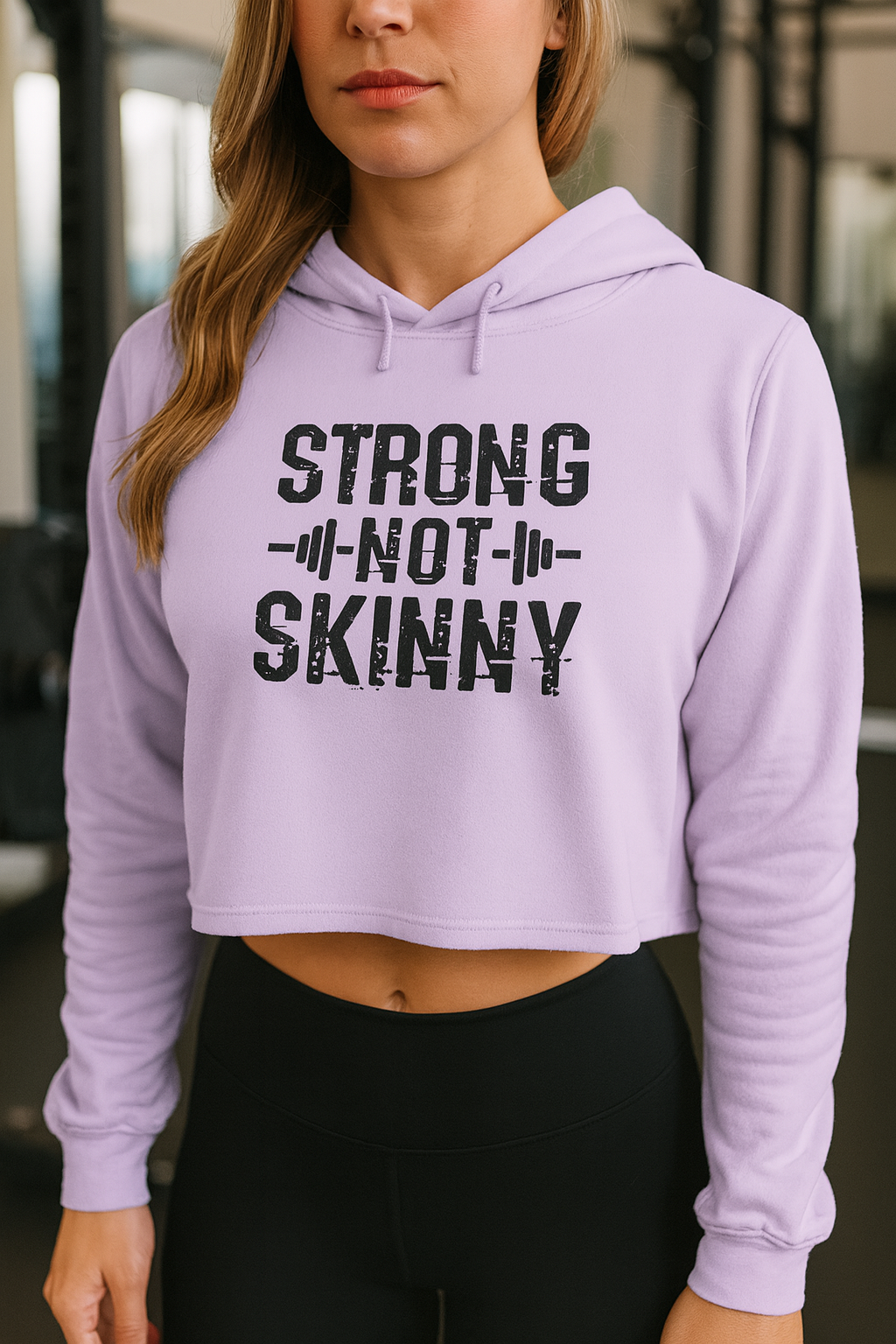 Strong Not Skinny - Empowered Crop Hoodie – For Strong Women Who Lift - Black Distressed Logo