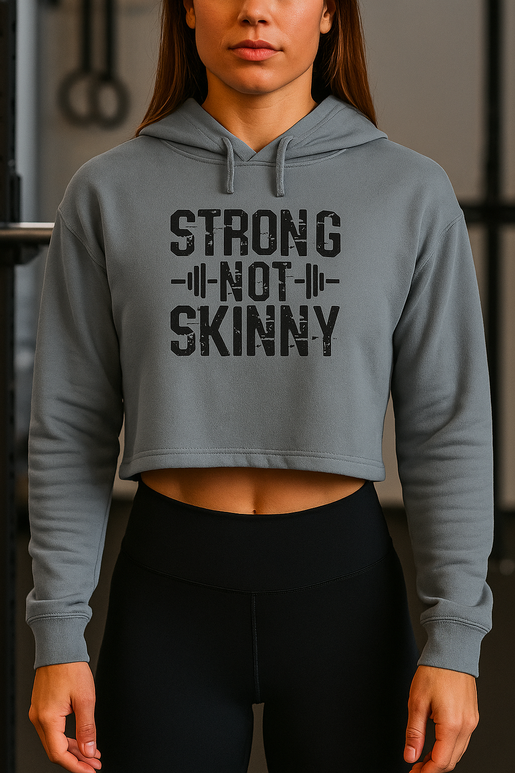 Strong Not Skinny - Empowered Crop Hoodie – For Strong Women Who Lift - Black Distressed Logo