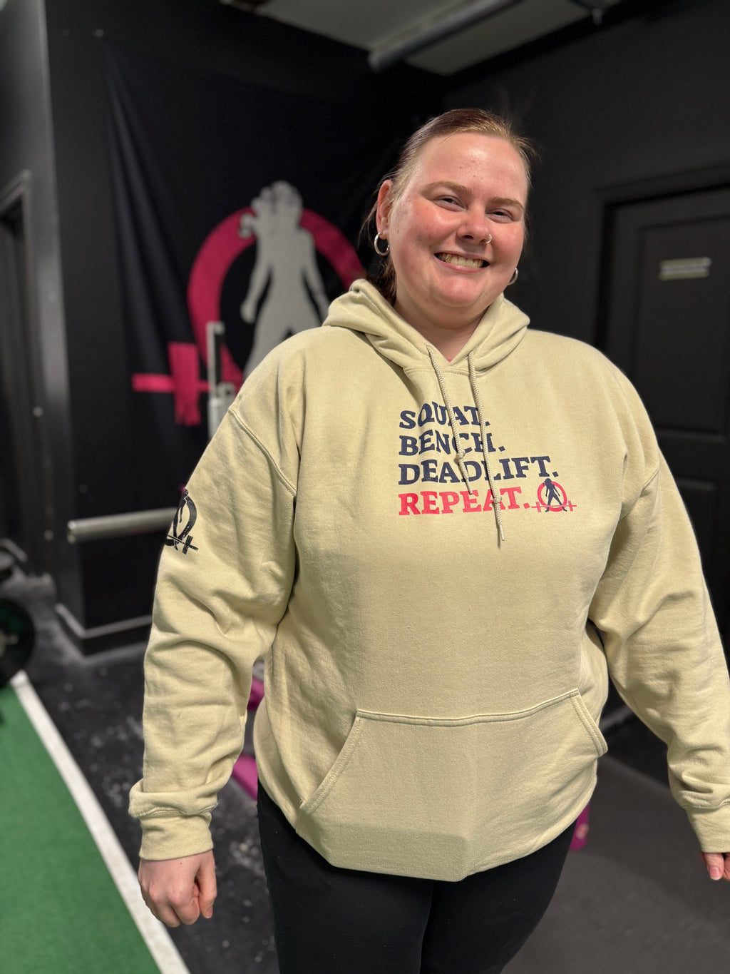 WWLW “Squat • Bench • Deadlift • Repeat” Hoodie - Front Dark Logo Plain Back
